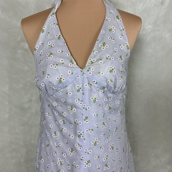 Vintage 70s Halter Neck Lilac Purple Flocked Daisy Floral Print Maxi Dress S - Picture 2 of 7
